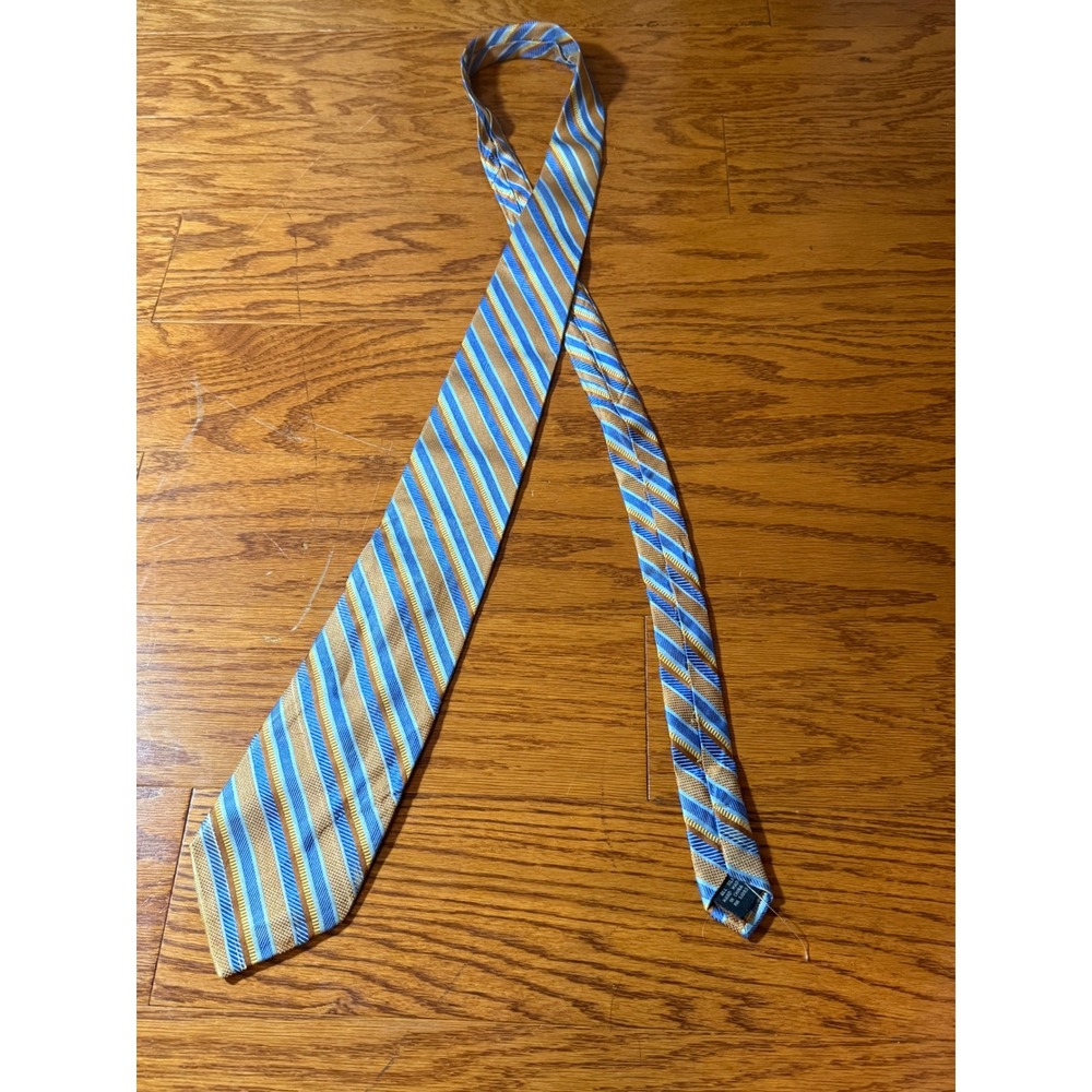 Alan Flusser 100% Silk Striped Neck Tie Orange Brown Blue EUC